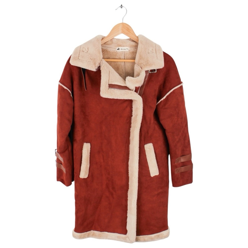 Spring In Faux Shearling Moto Coat Rust Brown Sherpa Lined Women's Size 2